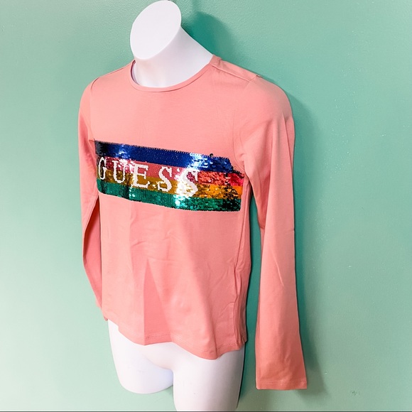 Guess Pink Flip Sequin Long Sleeve Logo Tee Girls Size 10 NWOT - Picture 4 of 8